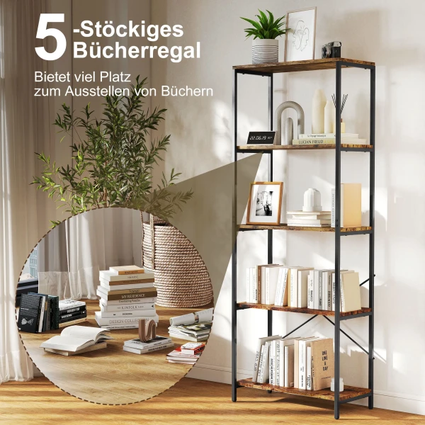 Boekenkast, 5 niveaus, metaal, melamine oppervlak, bruin 5