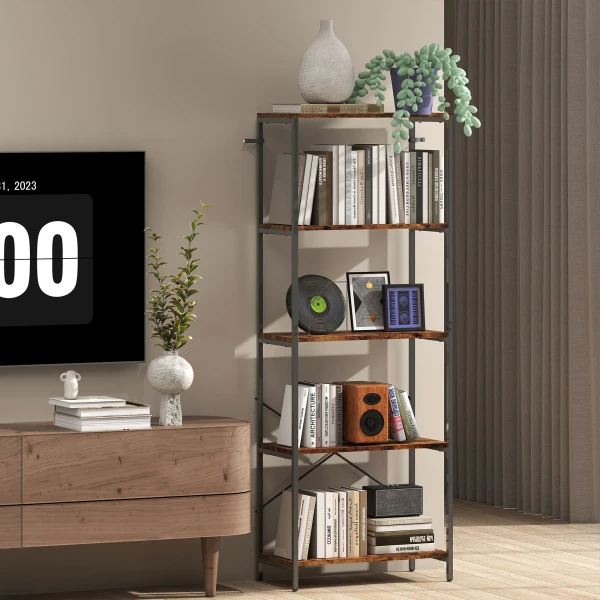 Boekenkast, 5 niveaus, metaal, melamine oppervlak, bruin 9