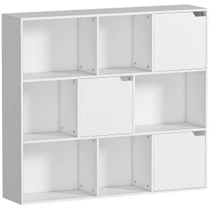 Boekenkast, 9 kubusvakken, 3 deuren, 6 open planken, voor woonkamer, slaapkamer, spaanplaat, wit 1
