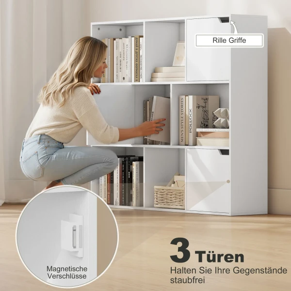 Boekenkast, 9 kubusvakken, 3 deuren, 6 open planken, voor woonkamer, slaapkamer, spaanplaat, wit 6
