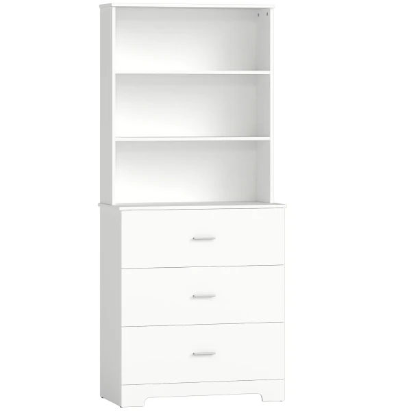 Boekenkast Hoge Kast Vitrinekast Met 3 Lades, 3 Open Rekken, Voor Woonkamer Keuken, 79x39,5x180 Cm, Wit