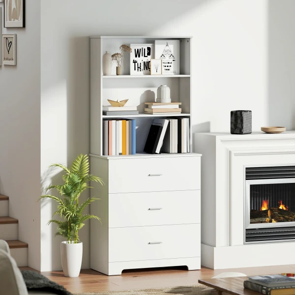 Boekenkast Hoge Kast Vitrinekast Met 3 Lades, 3 Open Rekken, Voor Woonkamer Keuken, 79x39,5x180 Cm, Wit