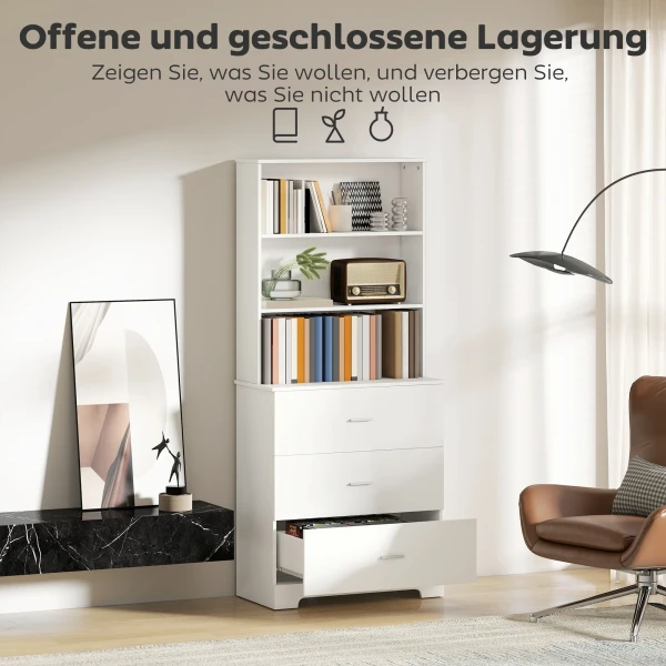 Boekenkast Hoge Kast Vitrinekast Met 3 Lades, 3 Open Rekken, Voor Woonkamer Keuken, 79x39,5x180 Cm, Wit