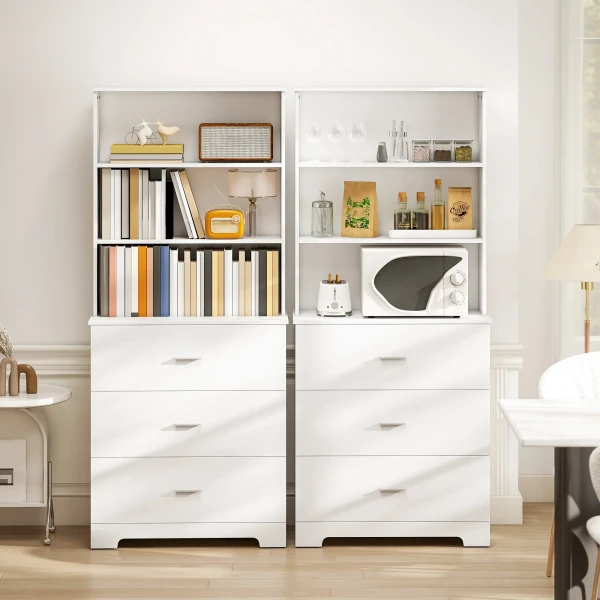 Boekenkast Hoge Kast Vitrinekast Met 3 Lades, 3 Open Rekken, Voor Woonkamer Keuken, 79x39,5x180 Cm, Wit