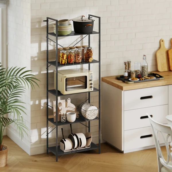 Boekenkast, staand rek met 5 niveaus, industrieel kantoorrek met metalen frame, open opbergrek voor woonkamer, kantoor, studeerkamer, 60x30x170,5 cm, zwart 10