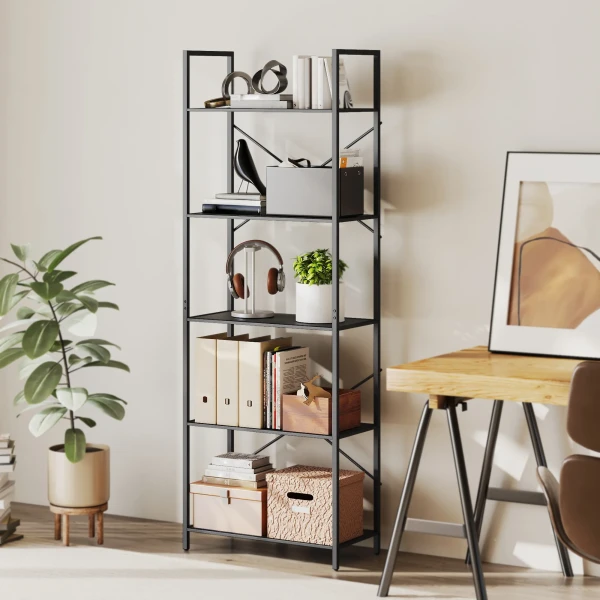 Boekenkast, staand rek met 5 niveaus, industrieel kantoorrek met metalen frame, open opbergrek voor woonkamer, kantoor, studeerkamer, 60x30x170,5 cm, zwart 2