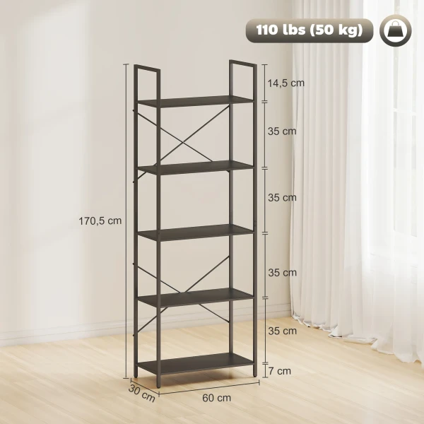 Boekenkast, staand rek met 5 niveaus, industrieel kantoorrek met metalen frame, open opbergrek voor woonkamer, kantoor, studeerkamer, 60x30x170,5 cm, zwart 4