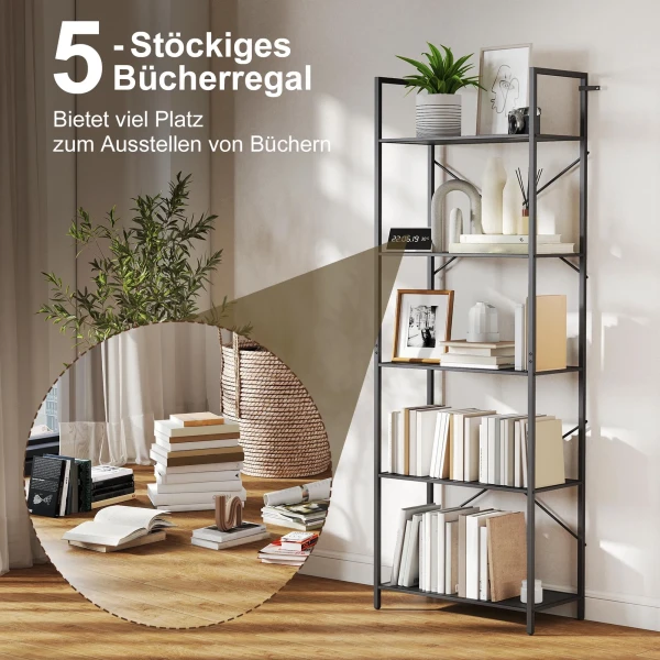 Boekenkast, staand rek met 5 niveaus, industrieel kantoorrek met metalen frame, open opbergrek voor woonkamer, kantoor, studeerkamer, 60x30x170,5 cm, zwart 5
