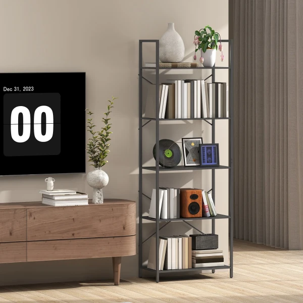 Boekenkast, staand rek met 5 niveaus, industrieel kantoorrek met metalen frame, open opbergrek voor woonkamer, kantoor, studeerkamer, 60x30x170,5 cm, zwart 9