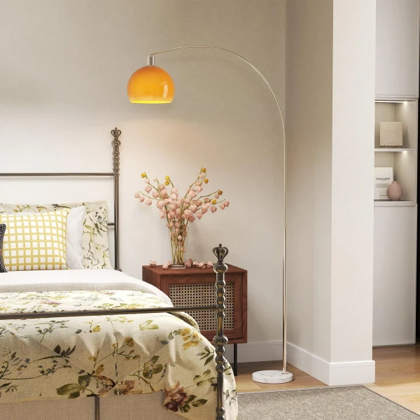 Boogvloerlamp Met Voetschakelaar, Gemaakt Van Marmer, Metaal En Kunststof, 26x90x180 Cm, Wit En Oranje