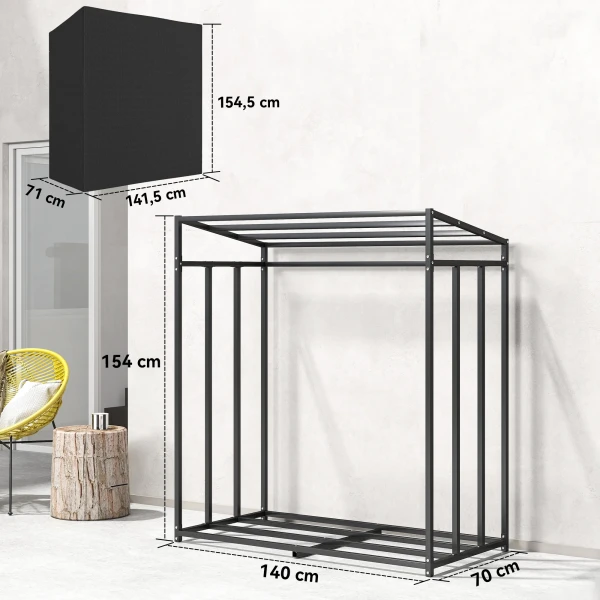 Brandhoutrek, brandhoutstandaard van staal, stoffen hoes, 300 kg draagvermogen, 140 x 70 x 154 cm, zwart 4