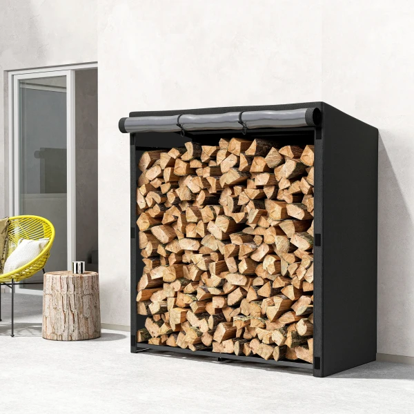 Brandhoutrek, brandhoutstandaard van staal, stoffen hoes, 300 kg draagvermogen, 140 x 70 x 154 cm, zwart 8