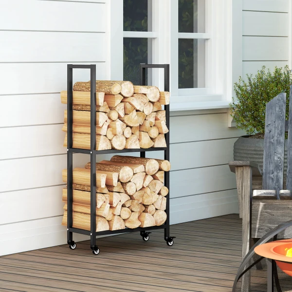 Brandhoutrek voor binnen staal 60 x 30 x 119cm 2 niveaus brandhoutrek met rol zwart 10