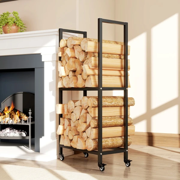 Brandhoutrek voor binnen staal 60 x 30 x 119cm 2 niveaus brandhoutrek met rol zwart 2
