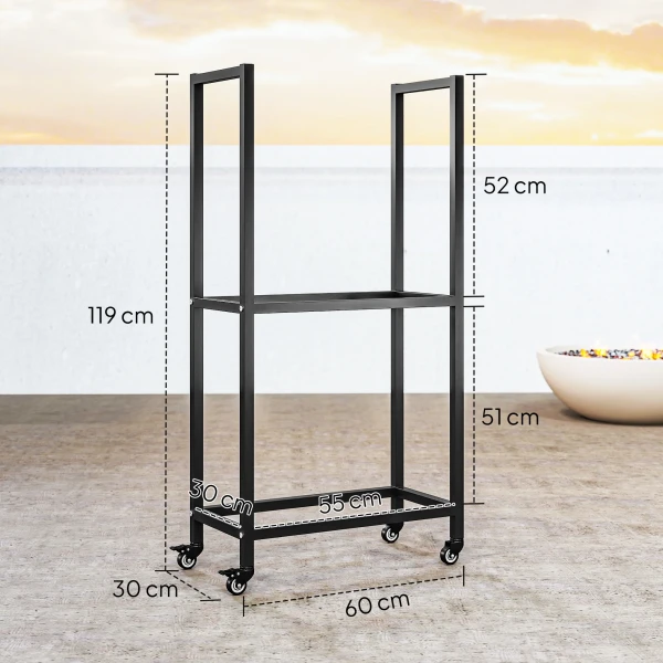 Brandhoutrek voor binnen staal 60 x 30 x 119cm 2 niveaus brandhoutrek met rol zwart 4