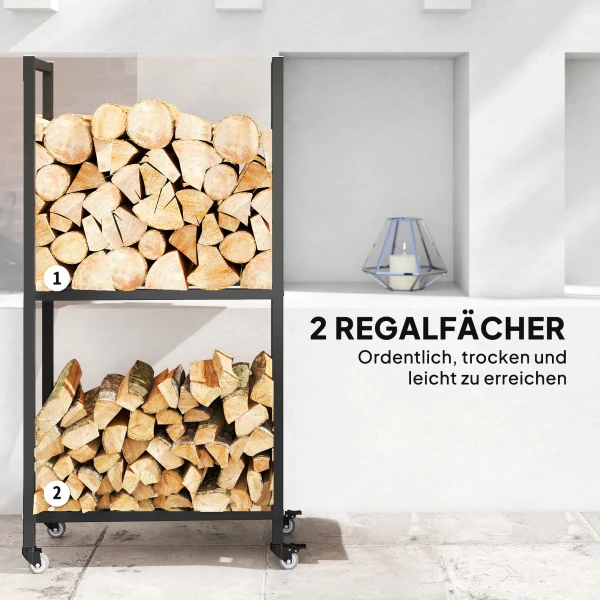 Brandhoutrek voor binnen staal 60 x 30 x 119cm 2 niveaus brandhoutrek met rol zwart 6