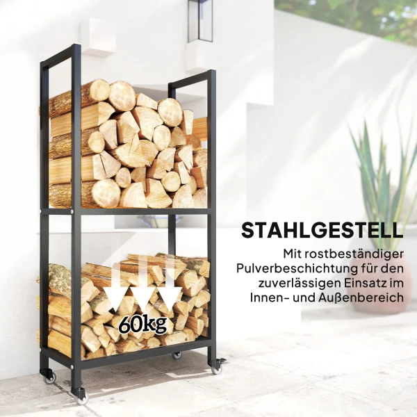 Brandhoutrek voor binnen staal 60 x 30 x 119cm 2 niveaus brandhoutrek met rol zwart 7