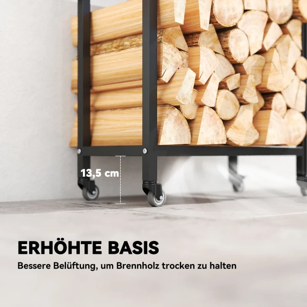 Brandhoutrek voor binnen staal 60 x 30 x 119cm 2 niveaus brandhoutrek met rol zwart 8