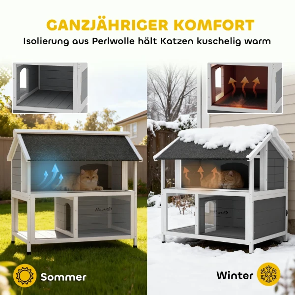 Buitenkattenhuis, Kattenopvang Voor Buiten, Waterdicht, Opklapbaar Dak, Sparrenhout, 80 X 93 X 95, Grijs