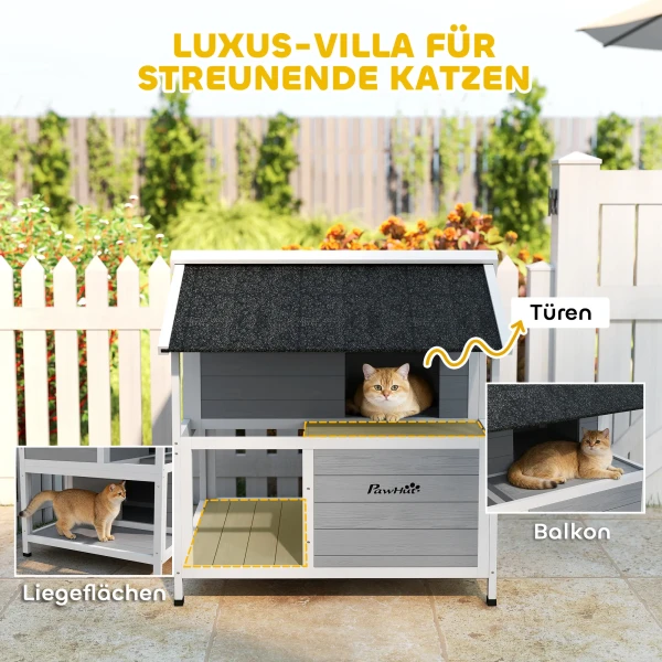 Buitenkattenhuis, Kattenopvang Voor Buiten, Waterdicht, Opklapbaar Dak, Sparrenhout, 80 X 93 X 95, Grijs