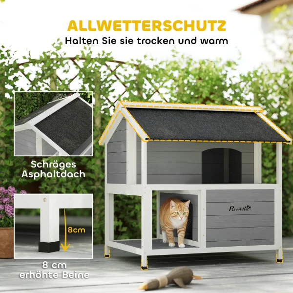 Buitenkattenhuis, Kattenopvang Voor Buiten, Waterdicht, Opklapbaar Dak, Sparrenhout, 80 X 93 X 95, Grijs