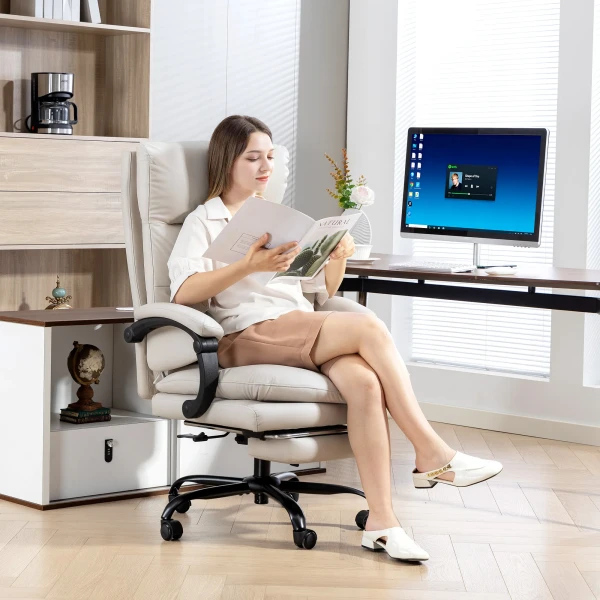 Bureaustoel hoogteverstelbare bureaustoel met lendensteun, armleuning, voetensteun, van kunstleer, lichtgrijs 10