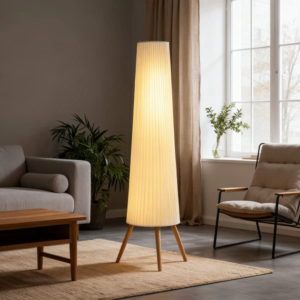 Dimbare LED Staande Lamp Voor Woonkamer, Houten Met Driepoot, Staande Lamp Met Voetschakelaar, 46 X 46 X 153 Cm, Wit