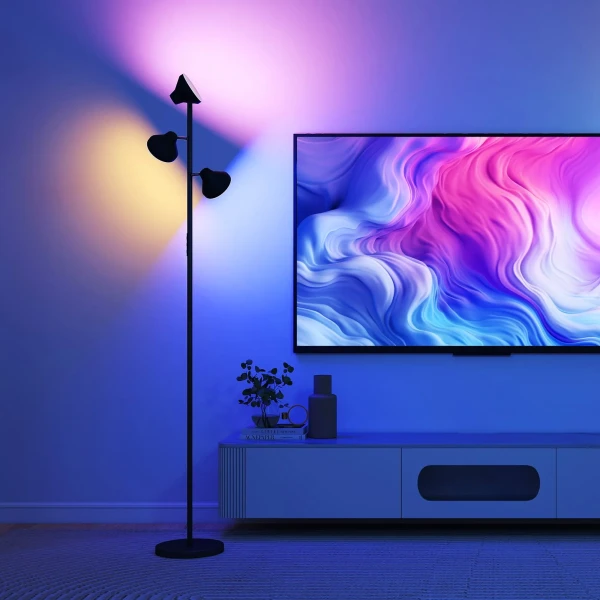 Dimbare Staande Lamp Met Leeslamp, Staande Lamp RGB Kleurverandering Met Afstandsbediening Touch bediening 3 Draaibare Koppen Zwart