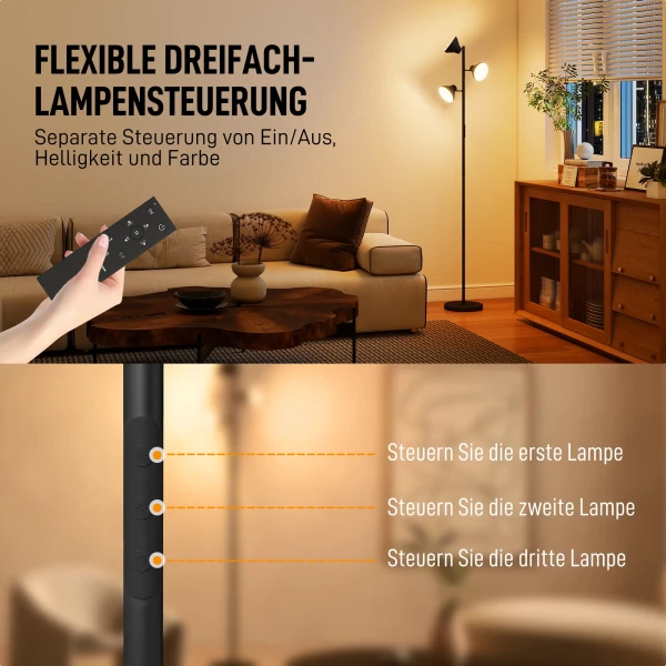 Dimbare Staande Lamp Met Leeslamp, Staande Lamp RGB Kleurverandering Met Afstandsbediening Touch bediening 3 Draaibare Koppen Zwart