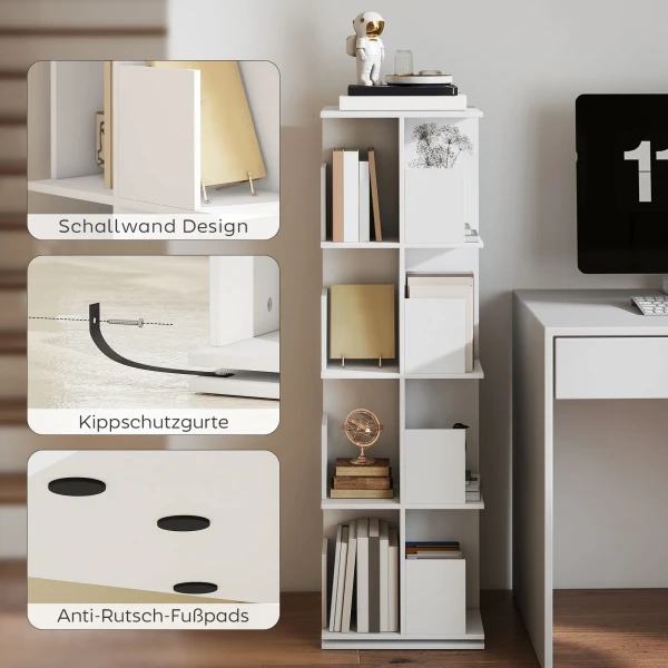 Draaibaar Boekenrek Met 4 Niveaus, 16 Vakken, Makkelijk Toegankelijk, Voor Slaapkamer, Woonkamer, Studeerkamer, Spaanplaat, Wit