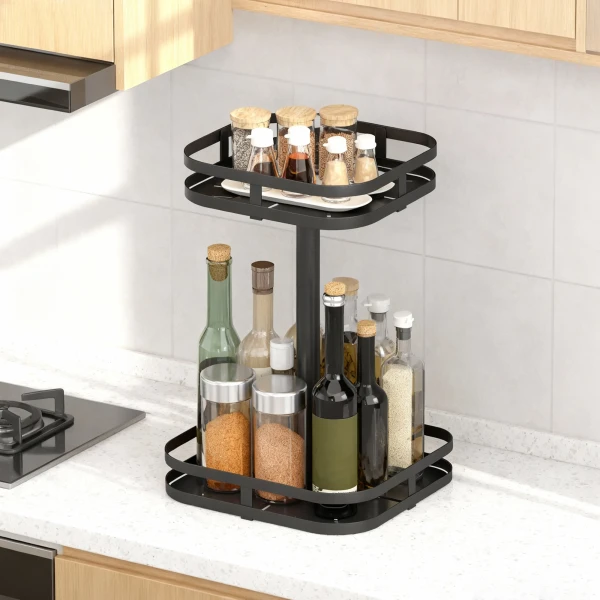 Draaibaar Kruidenrek, 2 laags Ontwerp, Zuigvoeten, Metaal, Zwart