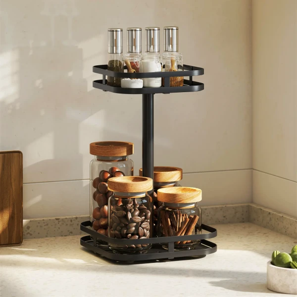 Draaibaar Kruidenrek, 2 laags Ontwerp, Zuigvoeten, Metaal, Zwart