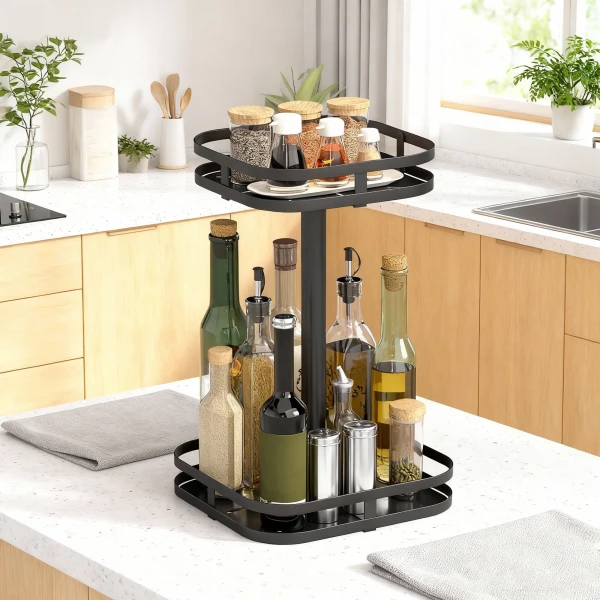 Draaibaar Kruidenrek, 2 laags Ontwerp, Zuigvoeten, Metaal, Zwart