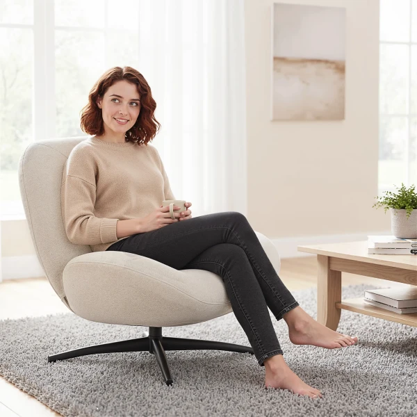 Draaibare gestoffeerde stoel, accentstoel met pp katoenvulling, stoffen bekleding, stalen basis, crèmewit 10