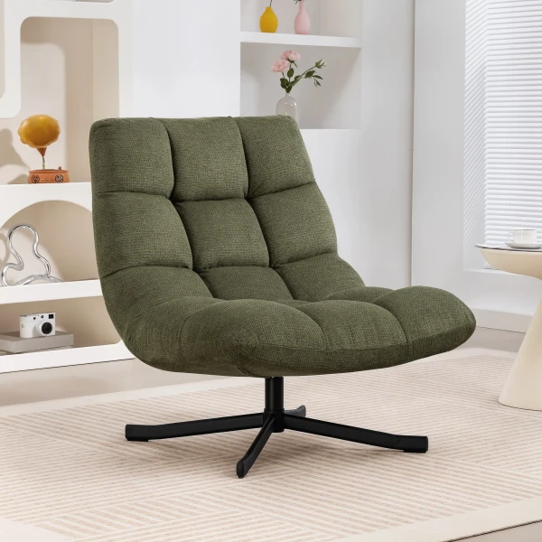 Draaibare loungestoel met brede zitoppervlakte, waterafstotende chenille look, gekruiste stalen poten, groen 2