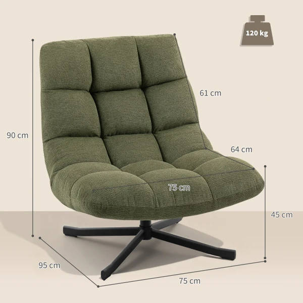 Draaibare loungestoel met brede zitoppervlakte, waterafstotende chenille look, gekruiste stalen poten, groen 4