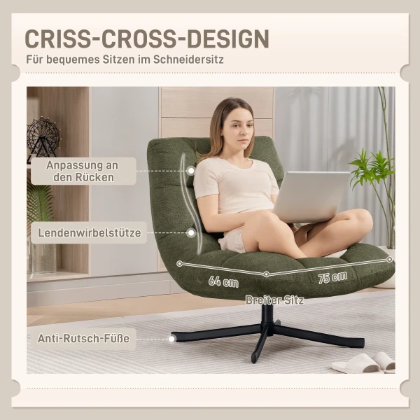 Draaibare loungestoel met brede zitoppervlakte, waterafstotende chenille look, gekruiste stalen poten, groen 5