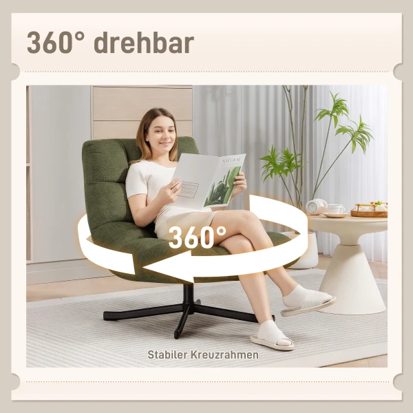 Draaibare loungestoel met brede zitoppervlakte, waterafstotende chenille look, gekruiste stalen poten, groen 9