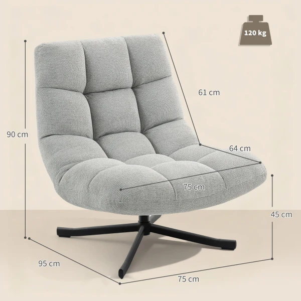 Draaibare loungestoel met brede zitoppervlakte, waterafstotende chenille look, gekruiste stalen poten, lichtgrijs 4