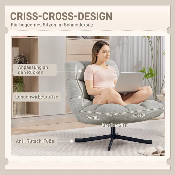 Draaibare loungestoel met brede zitoppervlakte, waterafstotende chenille look, gekruiste stalen poten, lichtgrijs 5