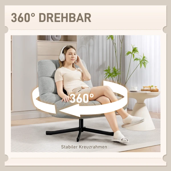 Draaibare loungestoel met brede zitoppervlakte, waterafstotende chenille look, gekruiste stalen poten, lichtgrijs 9