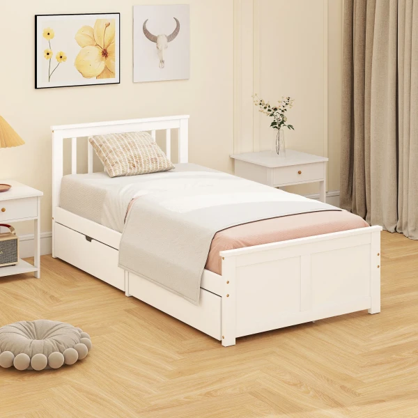 Eenpersoonsbedframe, Houten Bedframe, Lades Op Wielen, Geen Lattenbodem Nodig, 90 X 200 Cm, Wit