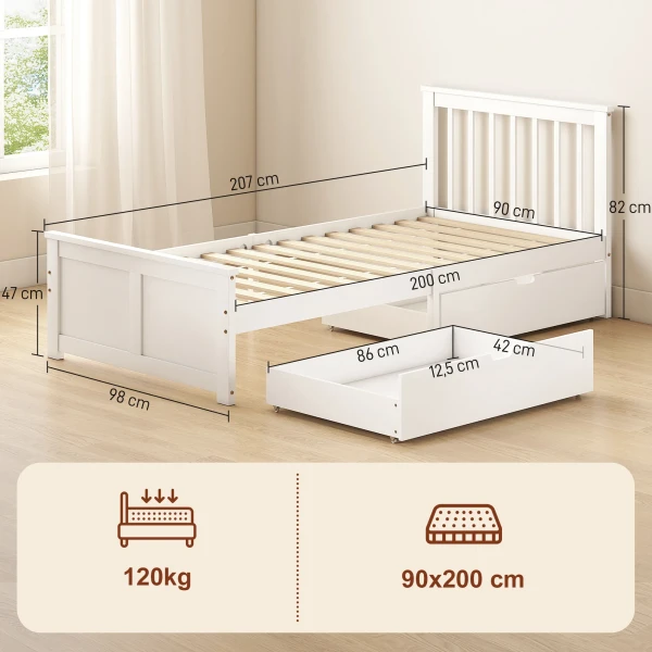 Eenpersoonsbedframe, Houten Bedframe, Lades Op Wielen, Geen Lattenbodem Nodig, 90 X 200 Cm, Wit
