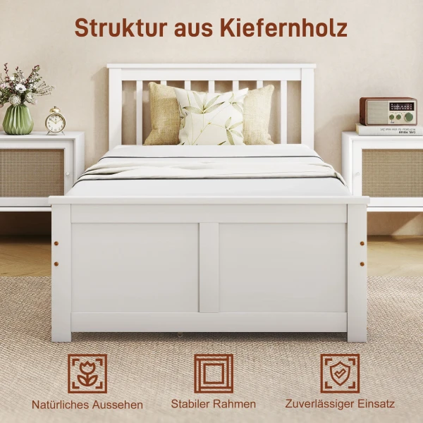 Eenpersoonsbedframe, Houten Bedframe, Lades Op Wielen, Geen Lattenbodem Nodig, 90 X 200 Cm, Wit