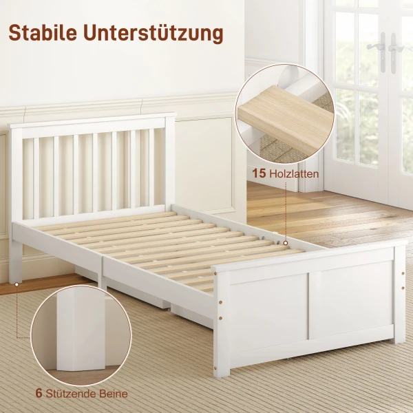 Eenpersoonsbedframe, Houten Bedframe, Lades Op Wielen, Geen Lattenbodem Nodig, 90 X 200 Cm, Wit