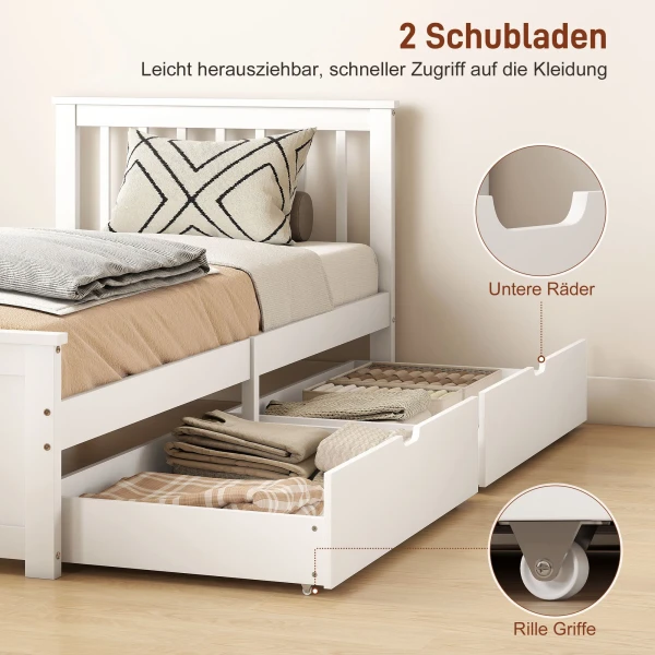 Eenpersoonsbedframe, Houten Bedframe, Lades Op Wielen, Geen Lattenbodem Nodig, 90 X 200 Cm, Wit
