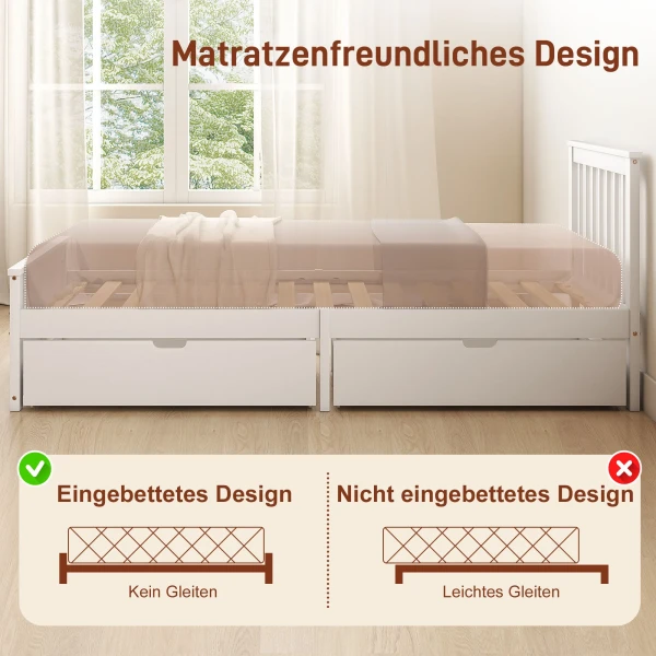 Eenpersoonsbedframe, Houten Bedframe, Lades Op Wielen, Geen Lattenbodem Nodig, 90 X 200 Cm, Wit