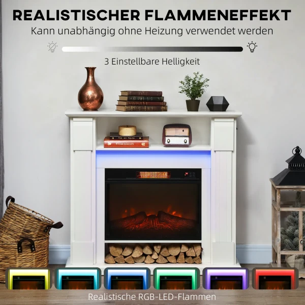 Elektrische Haard Met LED lampjes, Realistisch Vlam effect, 1800W, Schouw, 2 Afstandsbedieningen, Glas, Wit