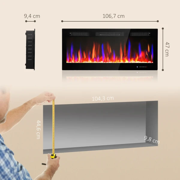 Elektrische haard, wandmontage, verstelbare vlammen, thermostaat, timer, staal, zwart 4