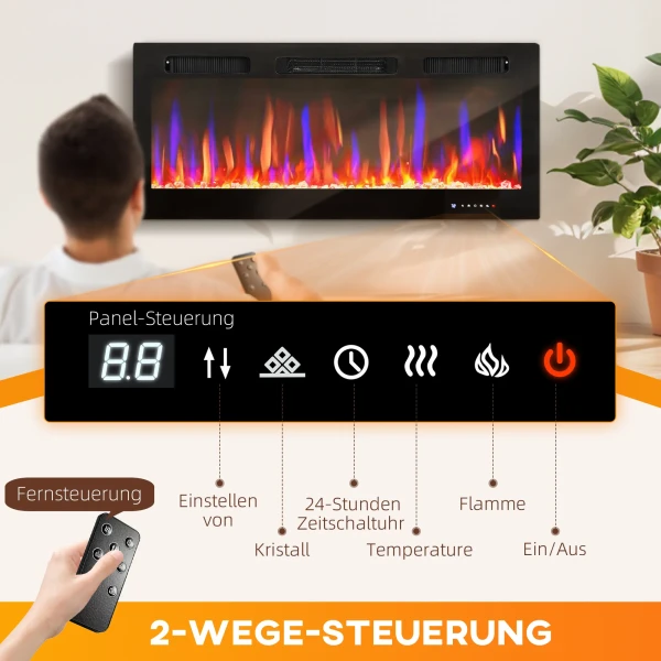 Elektrische haard, wandmontage, verstelbare vlammen, thermostaat, timer, staal, zwart 6
